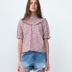 Zara floral ruffle neck blouse
